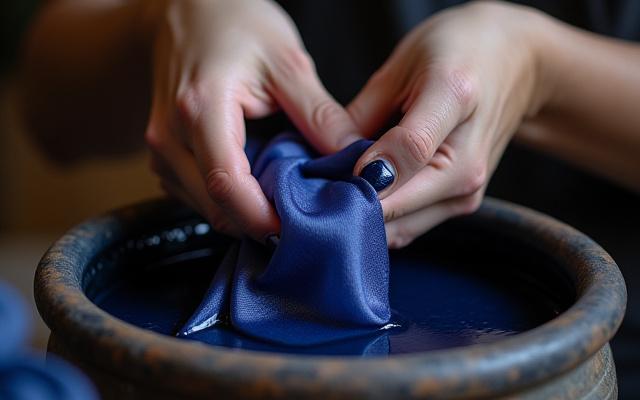 Artisan hands delicately dipping a piece of raw silk into a dye bath, showing the beginning of the color absorption process.