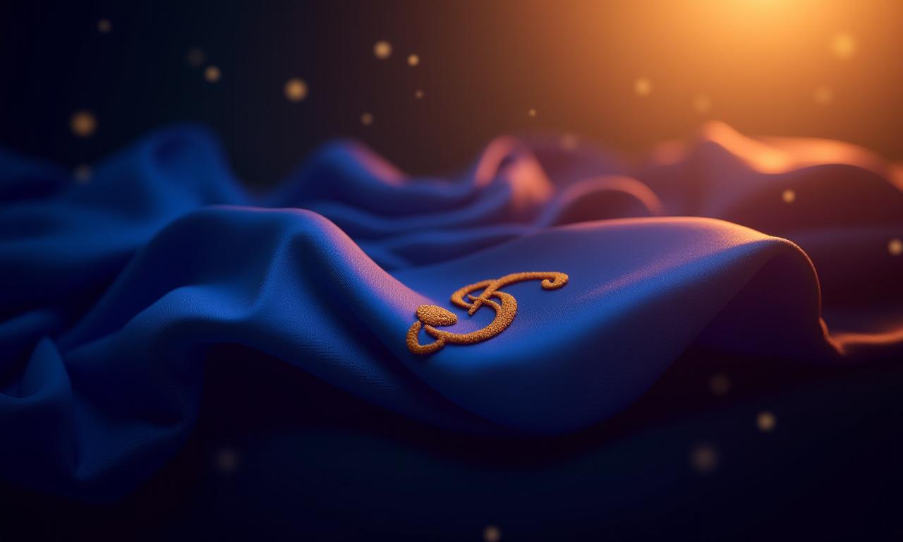 Silk scarf unfurling with an embroidered musical note, illuminated by soft light