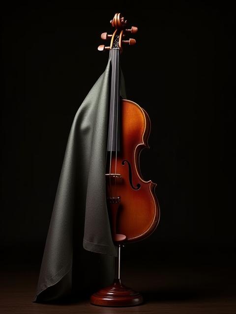 Bespoke silk instrument cover draped over a vintage violin, protecting it with elegance.